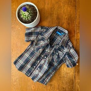 Short-Sleeve Plaid Button-Up Shirt with Pearl Snap Buttons - Navy/Red